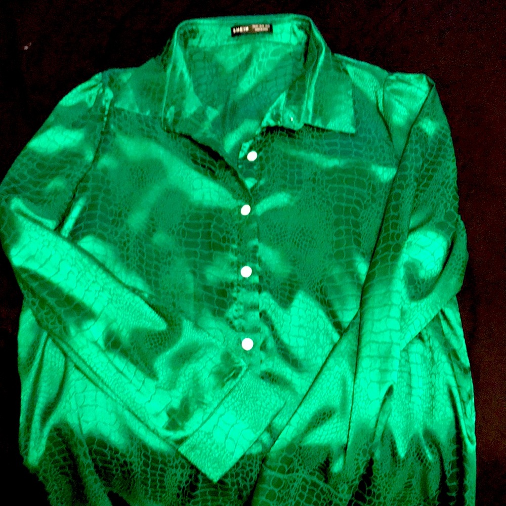 Never worn, green silky alligator button up shirt.